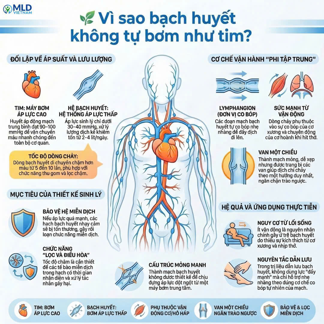 Vì sao bạch huyết không tự bơm như tim?